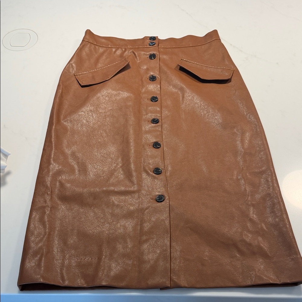 Chestnut Button-Front Faux Leather Skirt